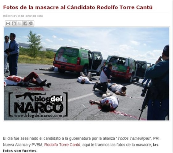 This image taken from a computer screen in Mexico City on Thursday, partially shows a page of the Blog del Narco displaying exclusive images of the killing of a candidate for governor and other people in northern Tamaulipas state in June 2010.
